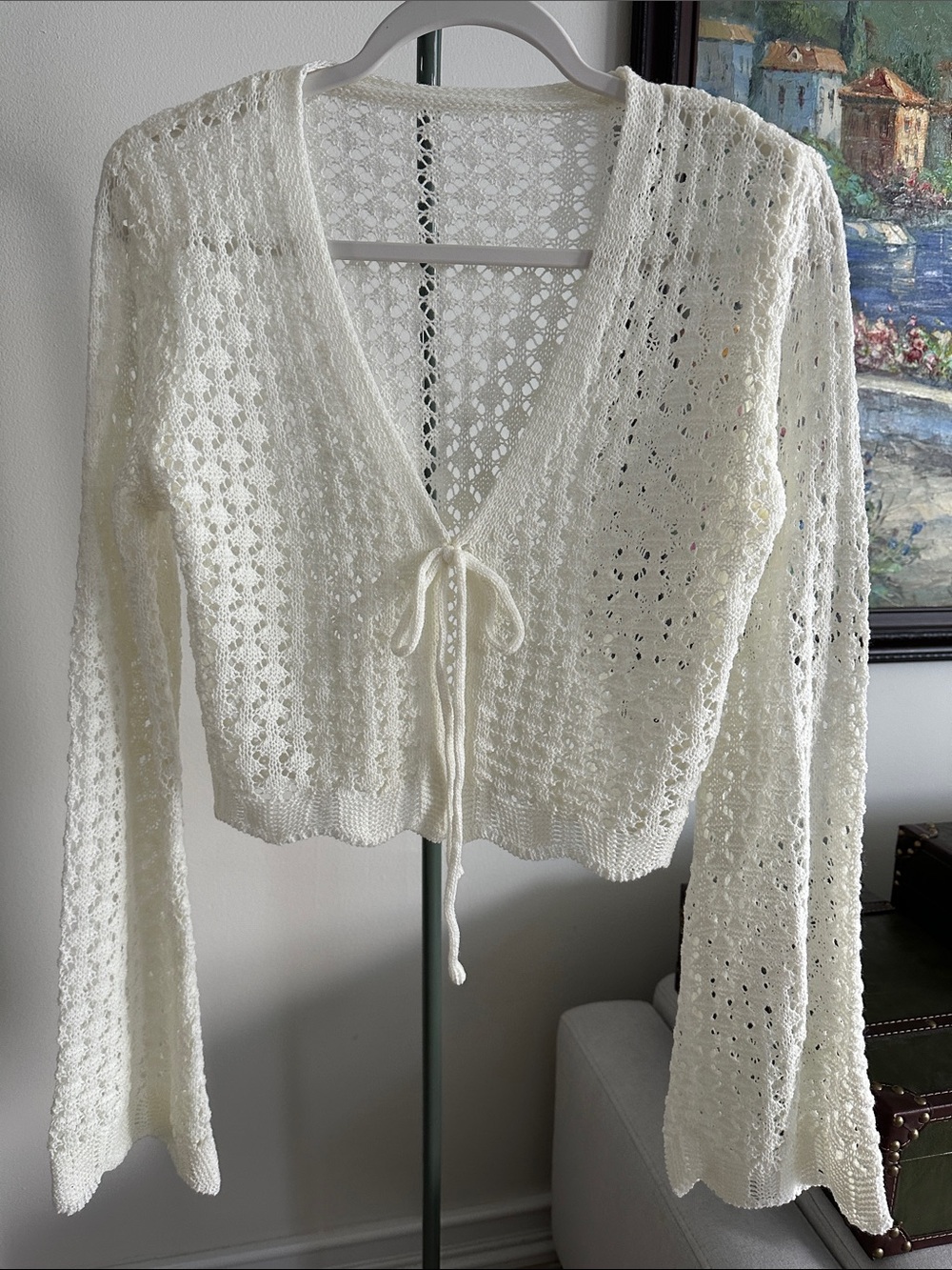 NEW SHEIN Cream Open-Knit V-Neck Tie-Front Sweater